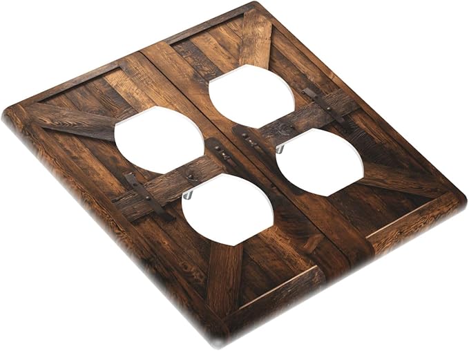 Decorative Outlet Covers Retro Brown Wood Barndoor 2 Gang Light Switch Cover Plate Double Duplex Wall Plates for Electrical Outlets Switch Plate Covers for Farmhouse Home Decor