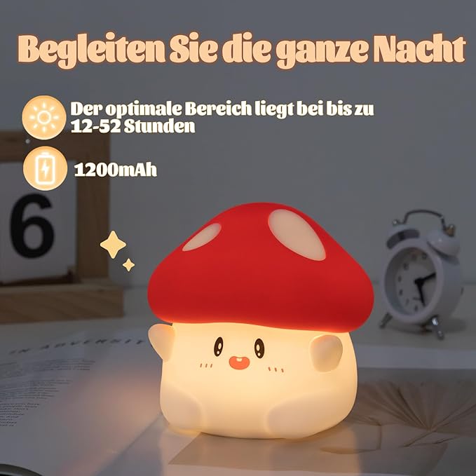 Rytinazzz Hug Mushroom Night Light, 50-Hour Battery & Pat Control, Squishy Lamp for Kids Bedroom, Girls, USB Rechargeable with Timer, Mothers Day Gifts