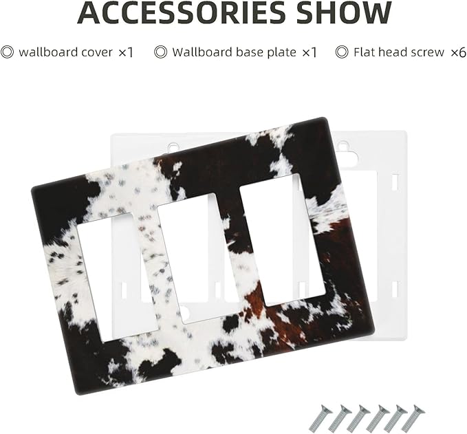 Western Black White Brown Cow Decorative 3 Gang Triple Decorator Light Switch Cover Highland Cowhide Wild Animal Fur Skin Spots Cheetah Leopard Print Three Device GFCI/Rocker Switch Face Wall Plate