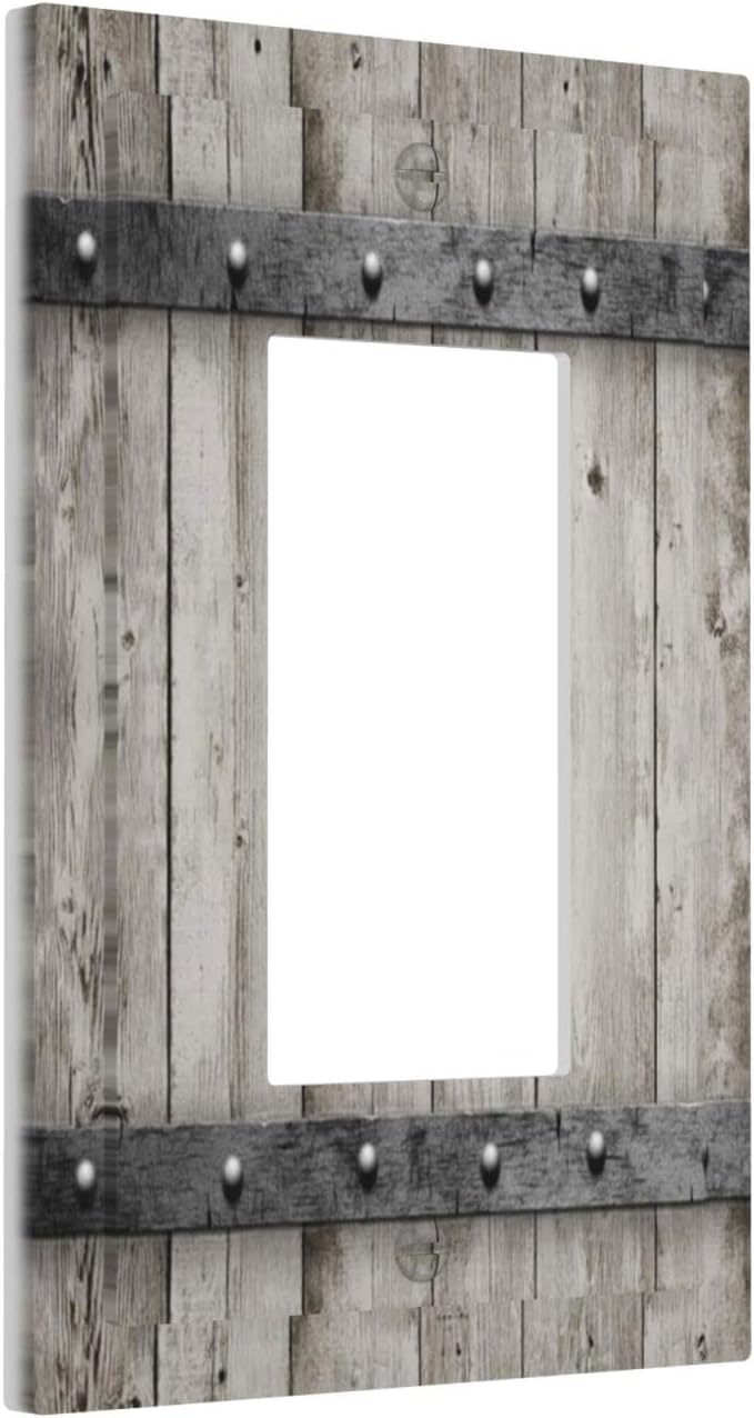 Farmhouse Grey Wood Barn Door Single Rocker Outlet Wall Plate Decorative 1 Gang Decora Electrical Rustic Country Gray Wall Plates Gfci Switchplate Plastic Faceplate for Kitchen Bathroom Home Decor