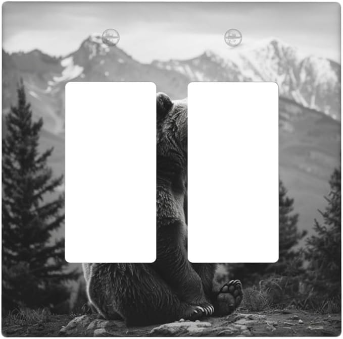 Light Switch Cover Plate Black White Bear Mountain Pine Trees Wilderness 2 Gang Double Rocker Outlet Covers Decorative Switch plates Electrical Wall Plates GFCI Receptacle for Bathroom Bedroom