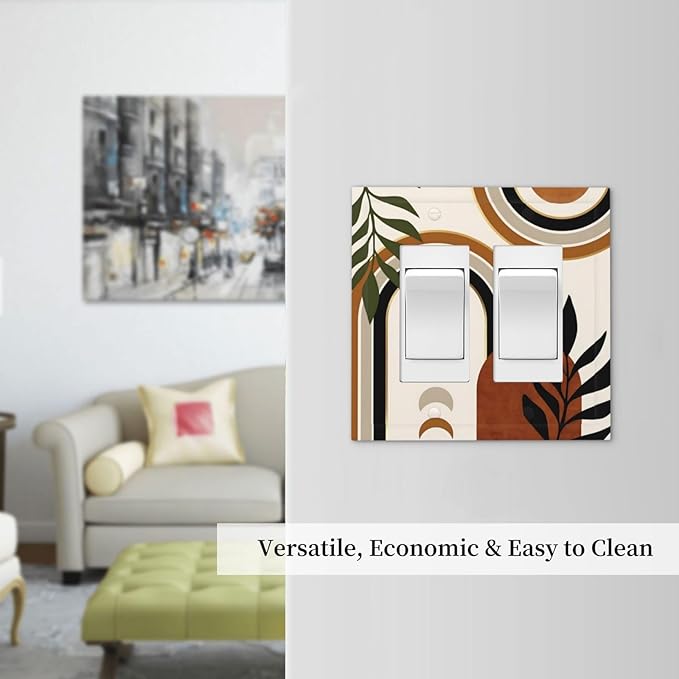Boho Mid Century Arch Plant Leaves Sun Moon Decorative Outlet Covers 2 Gang Double GFCI Rocker Electrical Wall Panels Light Switch Cover Plate for Bedroom Living Room Decor