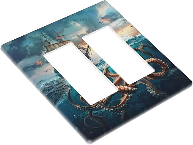 Light Switch Cover Plate Sailboat Ship Octopus Ocean Sea Waves 2 Gang Double Rocker Outlet Covers Decorative Switch plates Electrical Wall Plates GFCI Receptacle for Bathroom Bedroom Decor