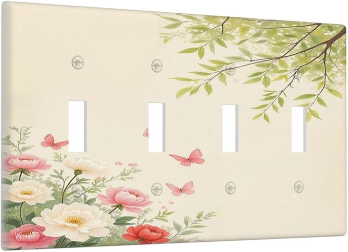 Light Switch Covers Garden Flowers Green Leaves And Butterflies Quad Toggle 4 Gang Wall Plate Electrical Faceplate Decorative Switch Plates for Bedroom Cabin Decor