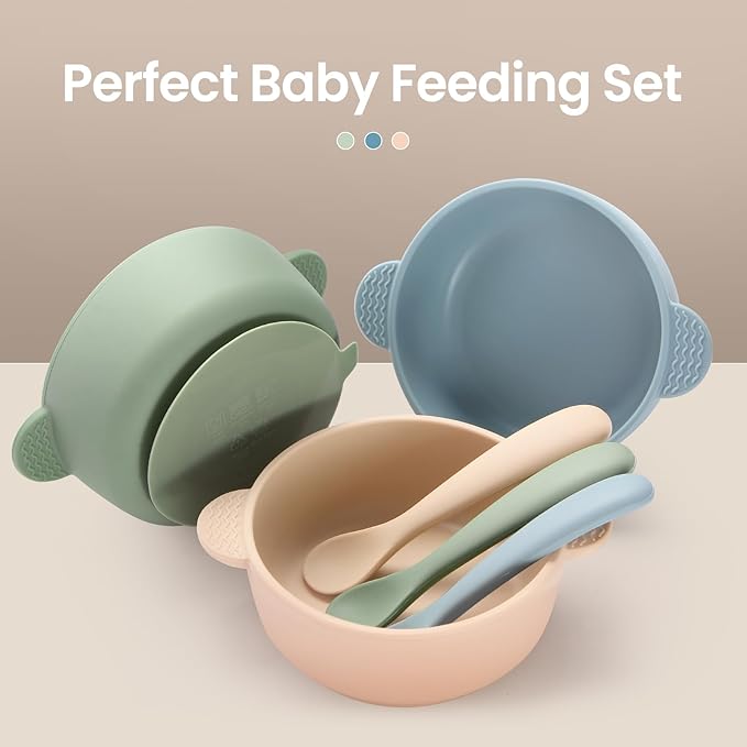 Eascrozn Baby Bowls with Suction and Baby Spoons Set of 3, Silicone Stay Put Bowls and Feeding Spoons for Babies Toddlers Kids, BPA Free,Microwave and Dishwasher Safe