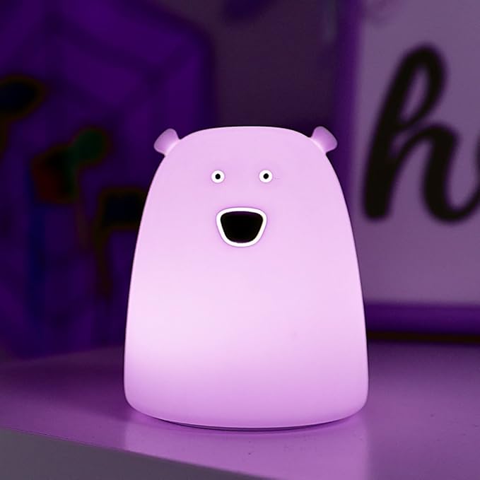 Portable Silicone LED Cartoon Night Light for Kids USB Rechargeable, Warm/White Light, 7-Color Changeable Light, Cute Children Night Lamp for Baby, Bedroom and Nursery (Bear)
