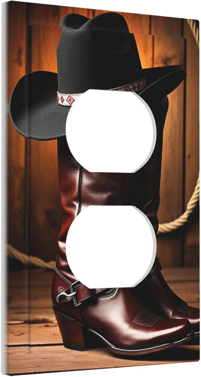 Western Cowboy Boots & Hat Duplex Wall Plate - 1-Gang Standard US Size Rustic Ranch Cowboy Outlet Covers for Man Cave Bedroom Decor