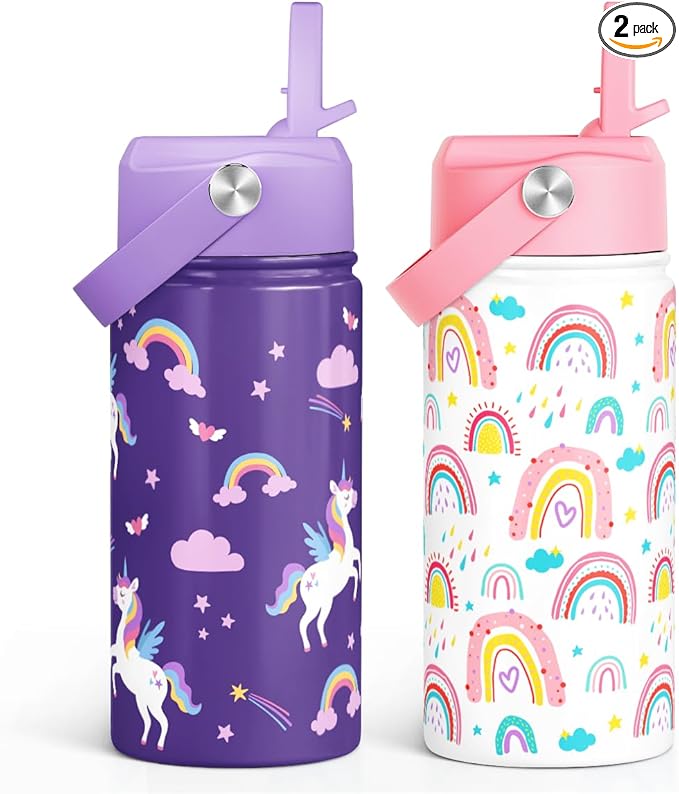 Kids Water Bottle with Straw Lid, Pack of 2 Insulated 12 Oz Stainless Steel Water Bottles for Girls, Travel Cup for School Sports, Unicorn - Rainbow