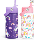 Kids Water Bottle with Straw Lid, Pack of 2 Insulated 12 Oz Stainless Steel Water Bottles for Girls, Travel Cup for School Sports, Unicorn - Rainbow