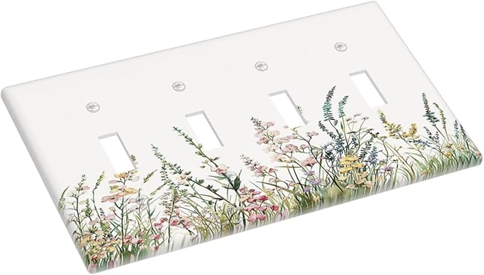 Light Switch Covers Boho Wildflower Green Leaves Rustic Floral Botanical Quad Toggle 4 Gang Wall Plate Electrical Faceplate Decorative Switch Plates for Bedroom living Room Decor