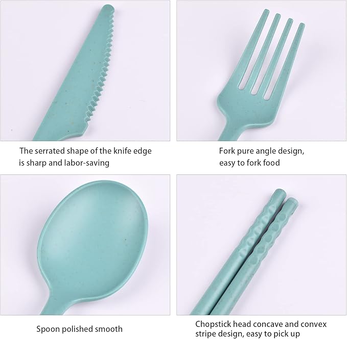 Camping Utensil Set, Reusable Utensils Set with Case, Plastic Cutlery Set Forks Spoon Tableware Chopsticks, Portable Cutlery Set for Travel Picnic Camping or Daily Use (Dark Green)