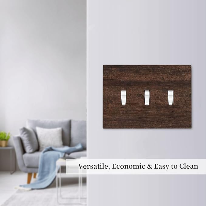 Decorative Switch Plate Cover with Rustic Dark Wood Grain & Vintage Style Design 3 Gang Artistic Wall Plate Unique Triple Toggle Light Switch Covers for Kitchen/Living Room