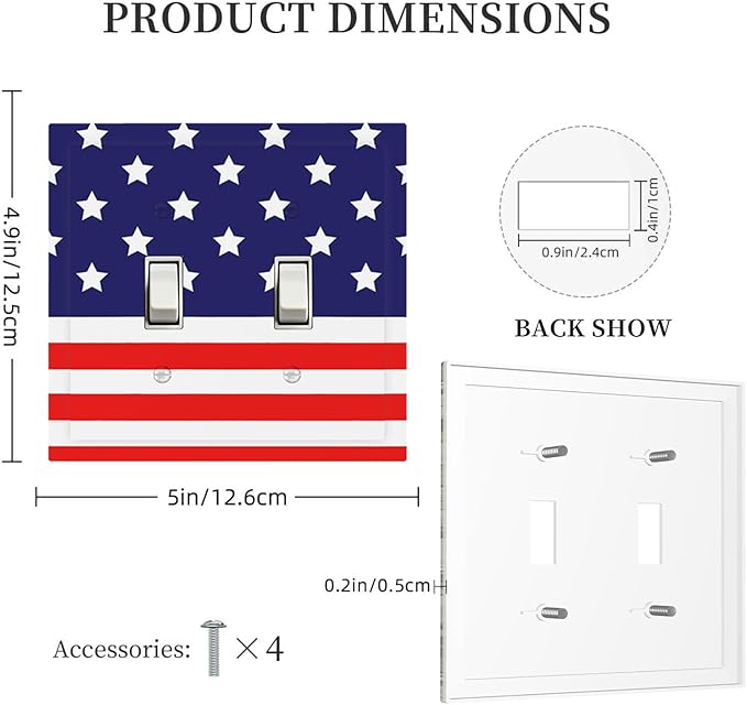American Flag Double Toggle Switch Cover - 2-Gang Standard US Size Patriotic Stars & Stripes Light Switch Covers, 4th of July USA Pride for Holiday Decor