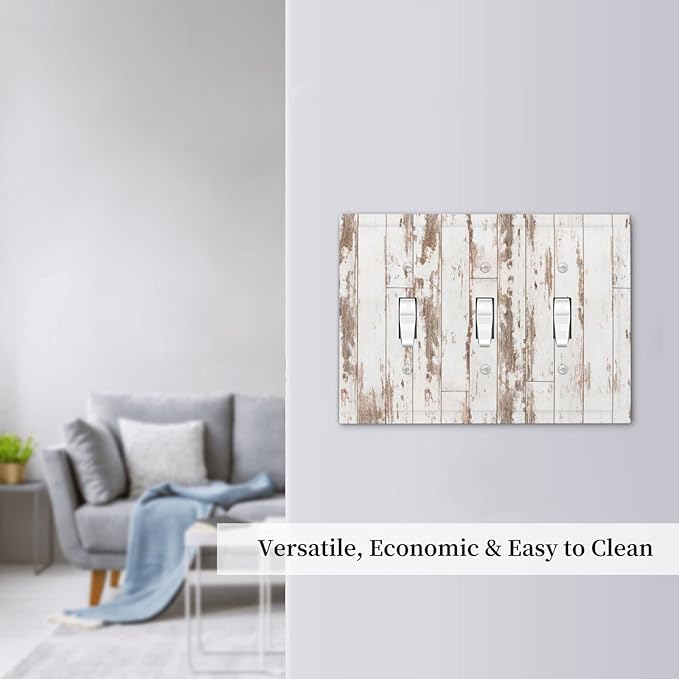 White Grey Wood 3 Gang Triple Toggle Light Switch Wall Plate Cover Decorative Electrical Faceplate for Rustic Barn Door Home Living Room Decorate 6.7" x 4.8