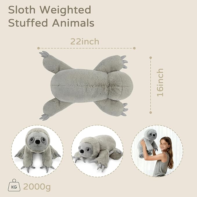 4.5 Lbs Weighted Stuffed Animals for Kids and Adults 22" Cute Sloth Shaped Toys Soft Weighted Plush Toys Gifts for Christmas Easter Birthday Holidays Ideal Huggable Plush Pillow (Sloth)