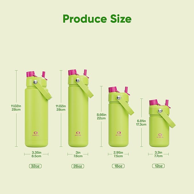ENCOOL Insulated Water Bottle with Straw Stainless Steel Water Bottle, Leak-Proof, BPA-Free, Double Wall Vacuum Keeps Cold for 24 Hours for Sports, Travel, School (26 oz, Acid Green)