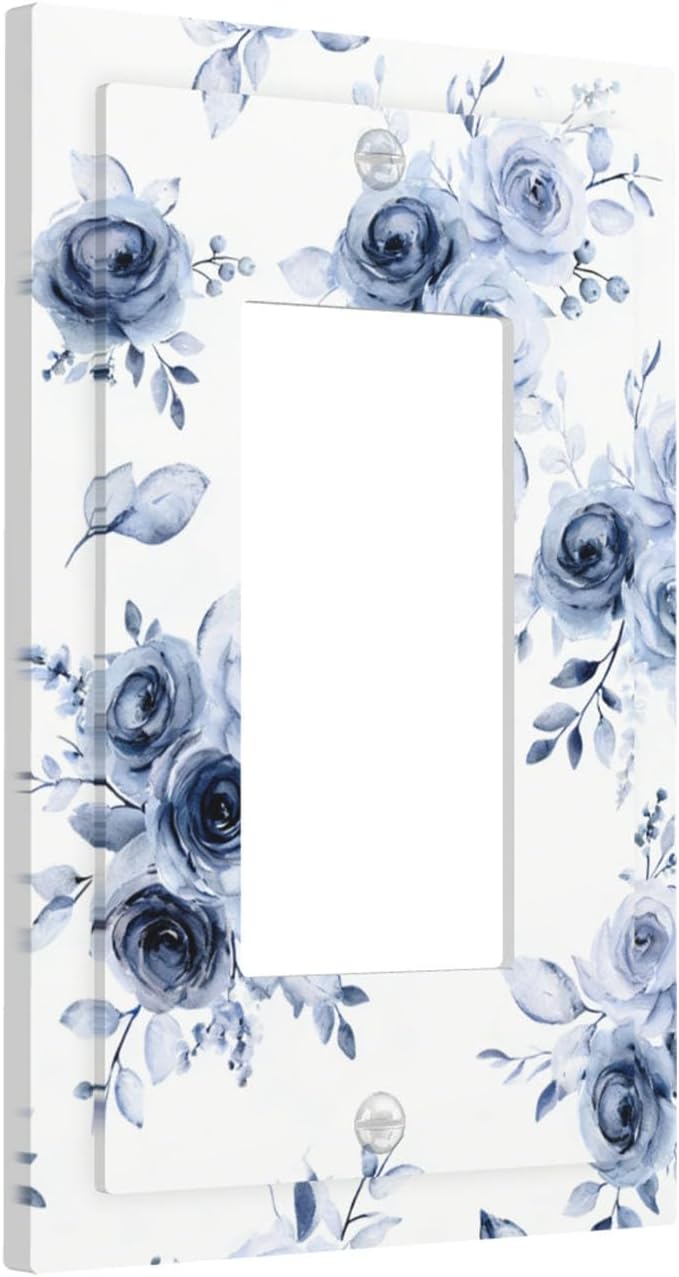 Watercolor Blue Roses Single Rocker Switch Cover - 1-Gang Standard US Size Serene Floral Light Switch Covers, French Country Vintage Bouquet for Farmhouse Homes