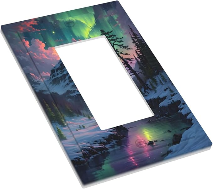 Snow Mountain Aurora Waterfalls Rivers Forest Decorative Outlet Covers 1 Gang Single Rocker Light Switch Cover Plate Wall Plates GFCI Faceplate for Bedroom Living Room Decor