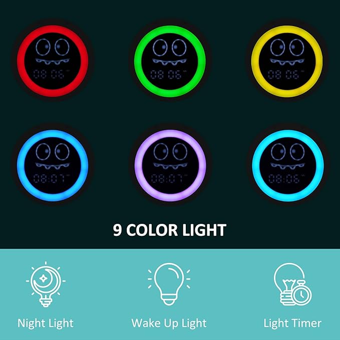 Kids Alarm Clock, Toddler Sleep Training Clock with Night Lights, Sound Machine, Time to Wake Dinosaur Alarm Clock for Children, Gift Ideas for Kids Toddler Boy Girl (Green)