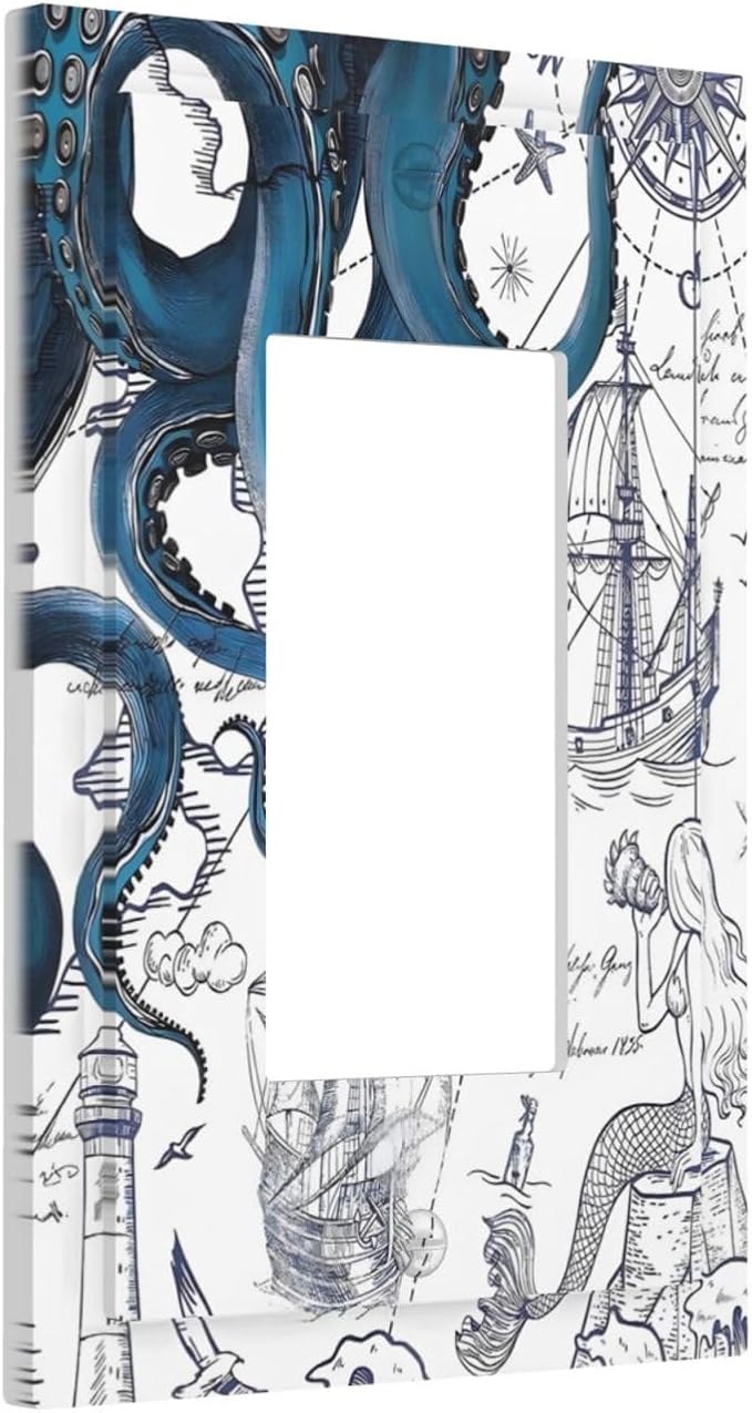 Nautical Vintage Map Octopus Mermaid Lighthouse Boat Decorative Outlet Covers 1 Gang Single Rocker Light Switch Cover Plate Wall Plates GFCI Faceplate for Bathroom Kids Room Decor