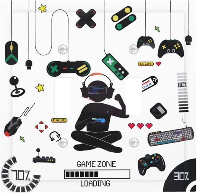 2 Gang Double Toggle Light Switch Cover Gamer Room Video Game Decor Decorative Electrical Switchplate Faceplate for Kitchen Bedroom Bathroom Standard Size