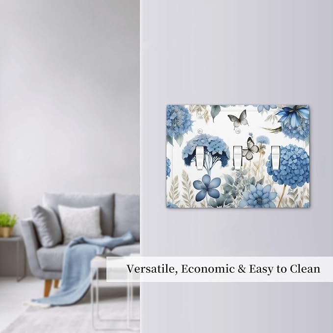 Blue Floral Hydrangea Floral Butterfly Flower Plant Decorative Switch Plates 3 Gang Wall Plate Triple Toggle Light Switch Cover Faceplate Electrical Wall Panels for Bedroom Living Room Decor