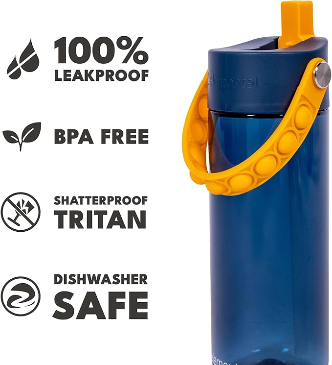 Elemental Water Bottles for Kids - Splash Kids Water Bottle for School with Pop-it Handle - BPA Free Tritan Plastic Water Bottle with Straw Leak Proof when Spout is Closed - Midnight Sun - 18oz