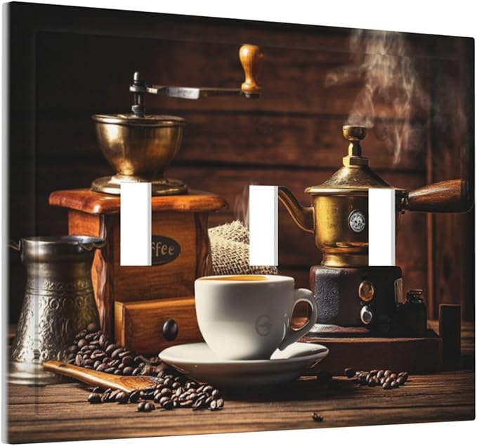 Decorative Switch Plate Cover with Vintage Coffee Retro Grinder Artwork Design 3 Gang Artistic Wall Plate Unique Triple Toggle Light Switch Covers for Rustic Kitchen Decor