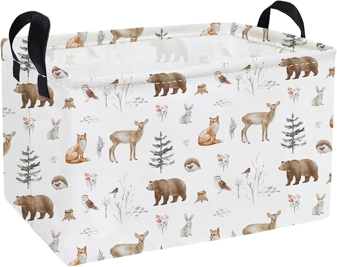 Essme Rectangular Animal Basket,Kids Storage Bins Organizer with Handles for Woodland Room Decor, Gift Basket,Shelf Basket.(Woodland Animal)