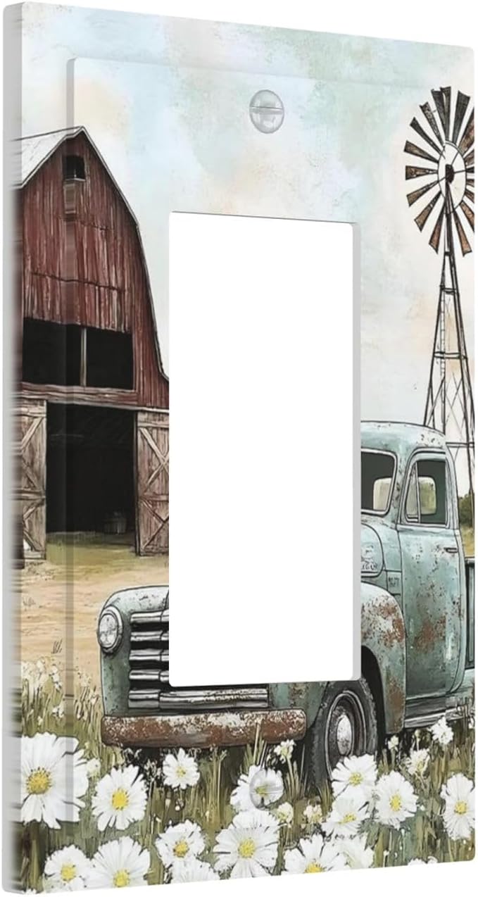 Retro Trucks Old Barn Windmill Teal Car Rustic Decorative Outlet Covers 1 Gang Single Rocker Light Switch Cover Plate Wall Plates GFCI Faceplate for Farmhouse Home Decor