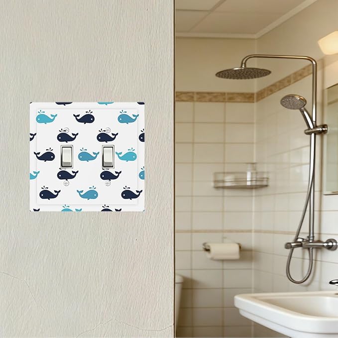 Cute Blue Whales Double Toggle Switch Cover - 2-Gang Standard US Size Nautical Whale Pod Light Switch Covers, Minimalist Coastal for Nursery Decor