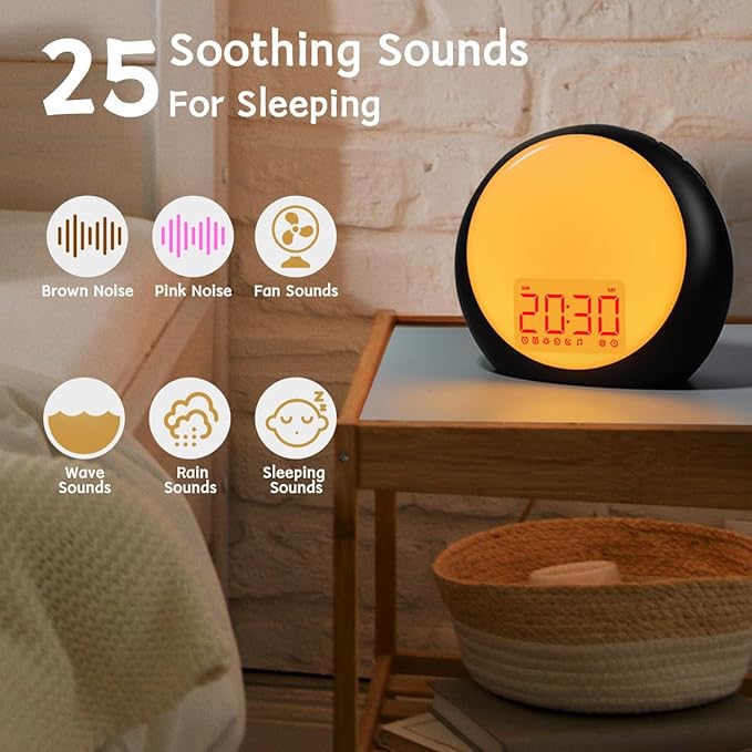 Sunrise Alarm Clock Wake Up Light for Kids Heavy Sleepers Bedroom with Sunrise Sunset Simulation Sleep Aid Dual Alarms Snooze Nightlight Brown Noise sound machine with 25 Nature sounds for Sleeping
