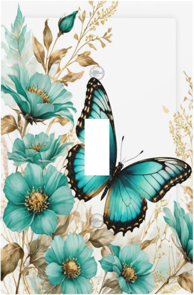 Decorative Light Switch Cover Plate - Butterfly on Blue Daisy Flower Floral Golden Leaf 1 Gang Oversized Single Toggle Wall Cover Jumbo Electrical Face Plate
