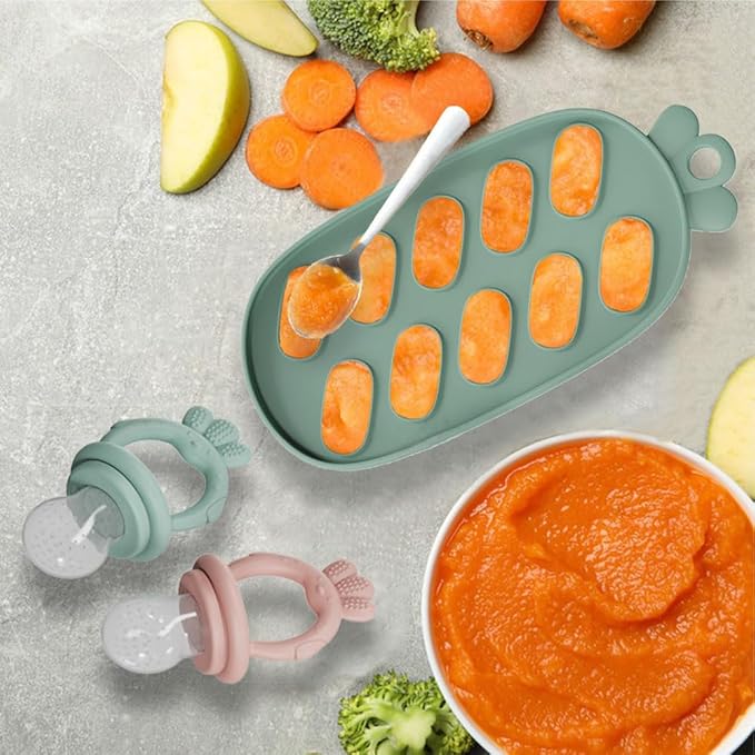 Baby Food Fruit Feeder with Freezer Tray Breastmilk Popsicle Molds Silicone Fruit Feeder for Self Feeding Teething Relief Toys (Blue)