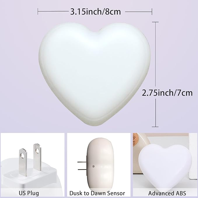 INZU Cute Night Light, Heart Night Light for Kids, LED Nightlight with Auto Dusk to Dawn Sensor, Nightlight Plug into Wall with Soft Warm Light for Bedroom, Nursery, Bathroom, Hallway (White)