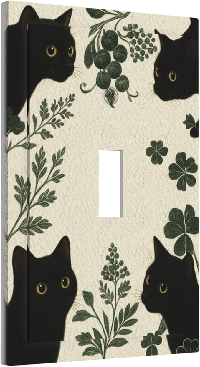 Decorative Light Switch Cover Plate Funny Black Cat Green Leaf 1 Gang Single Toggle Wall Plates for Electrical Outlet Covers Switch Plate Covers Faceplate for Bedroom Home Decor