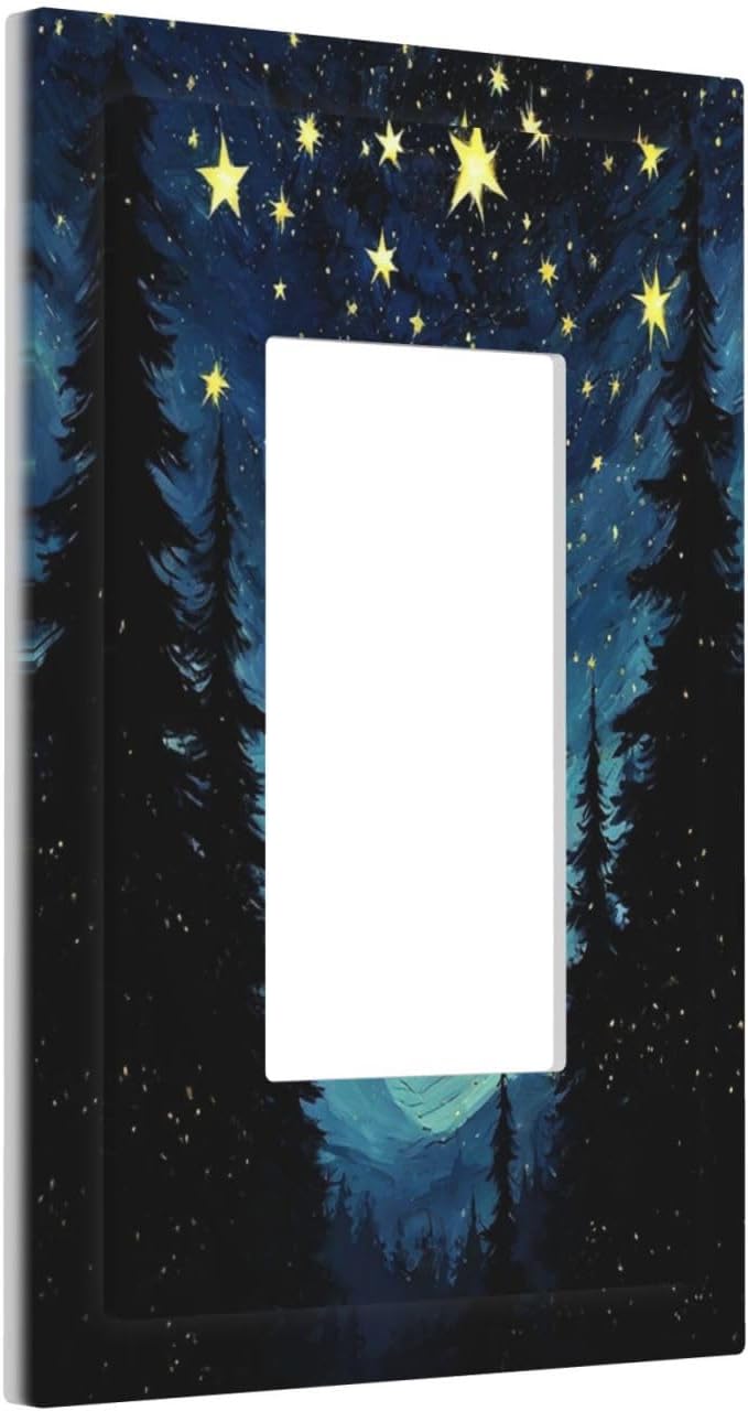 Decorative Outlet Covers Blue Starry Sky Forest Painted Star Pine Tree Oil Painting 1 Gang Single Rocker Light Switch Cover Plate Wall Plates GFCI Faceplate for Bedroom Cabin Decor