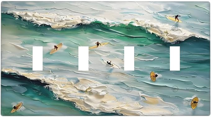 Beach Waves Ocean Surfing Hoverboard Painting Print Light Switch Covers Quad Toggle Electrical Faceplate 4 Gang Wall Plate Decorative Switch Plates Cover for Bedroom Living Room Decor
