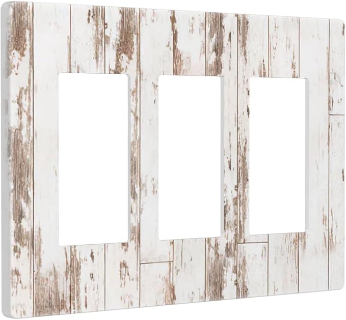 White Grey Wood 3 Gang Triple Rocker/Decor Light Switch Wall Plate Cover Decorative Electrical Faceplate for Kids Living Room Bedroom Decor Screwless 6.57" x 4.65