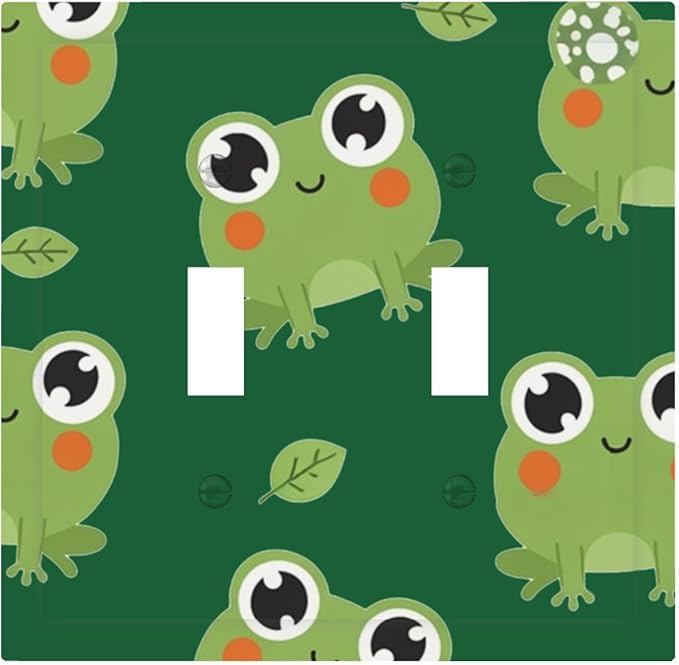 Cute Green Frogs Double Toggle Switch Cover - 2-Gang Standard US Size Whimsical Froggy Friends Light Switch Covers, Playful Amphibian for Boys & Girls Room Decor