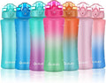 OLDLEY Kids Water Bottle with Straw 15 oz BPA-Free Leak-Proof Motivational Water Bottles with Time Marker for School Sports Travel Gym, Easy to Use for Girls Goys, 1 Straw Lid, Rose-Red Green
