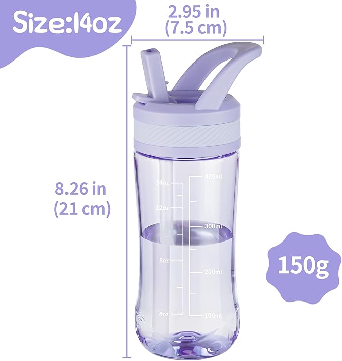 Kids Clear Water Bottle 14oz Flip with Straw Carry Handle, Leakproof, Reusable, Tritan, BPA Free, Suitable for Boys and Girls, Light purple