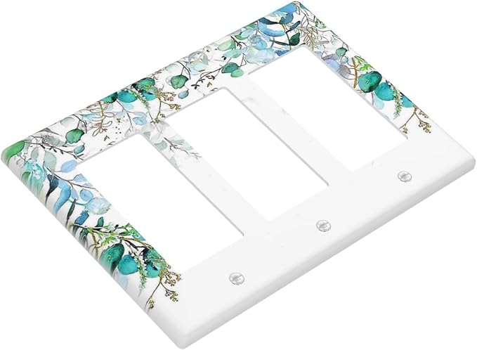 Decorative Outlet Covers Bohemian Green Eucalyptus Leaf Pine Leaves 3 Gang Wall Plate Triple Rocker Switch Light Switch Plate Covers Jumbo Electrical GFCI Switch Cover Plate