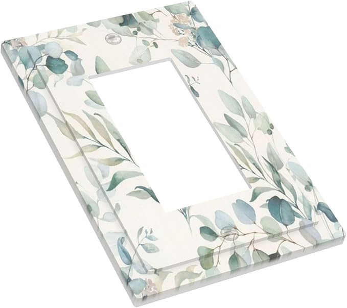 Boho Green White Eucalyptus Leaf Floral Decorative Outlet Covers 1 Gang Single Rocker Light Switch Cover Plate Wall Plates GFCI Faceplate for Farmhouse Living Room Decor