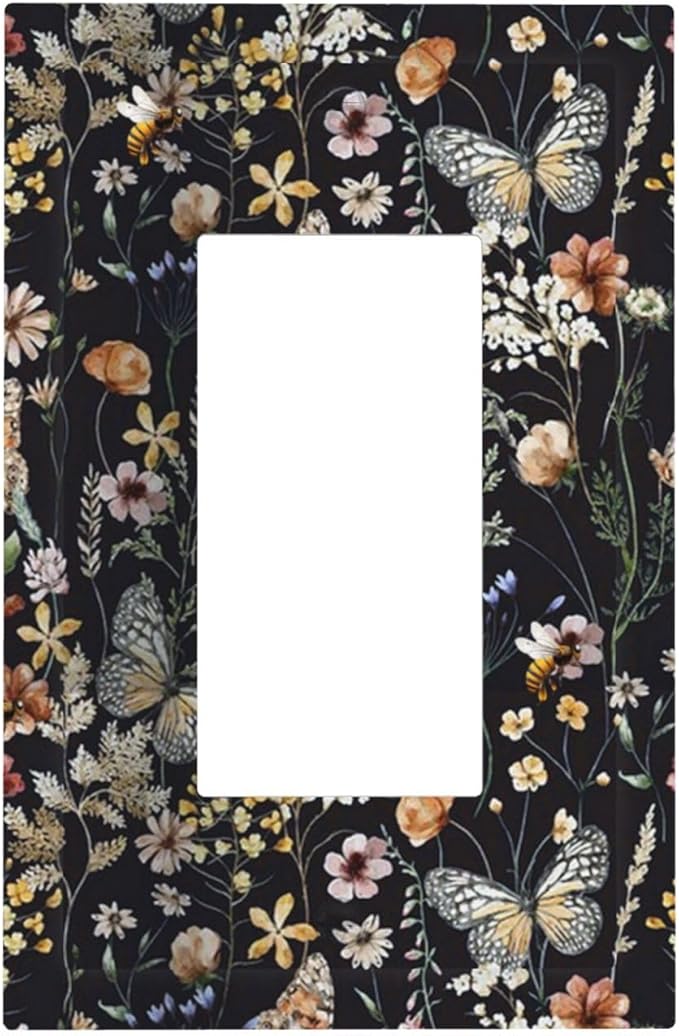 Butterfly Single Rocker Outlet Wall Plates Vintage Flower Leaves 1 Gang Light Switch Cover Decorative Dark Backgrounds Electrical GFCI Switchplate Cute Bees Dimmer Decor for Bedroom Kitchen Bathroom