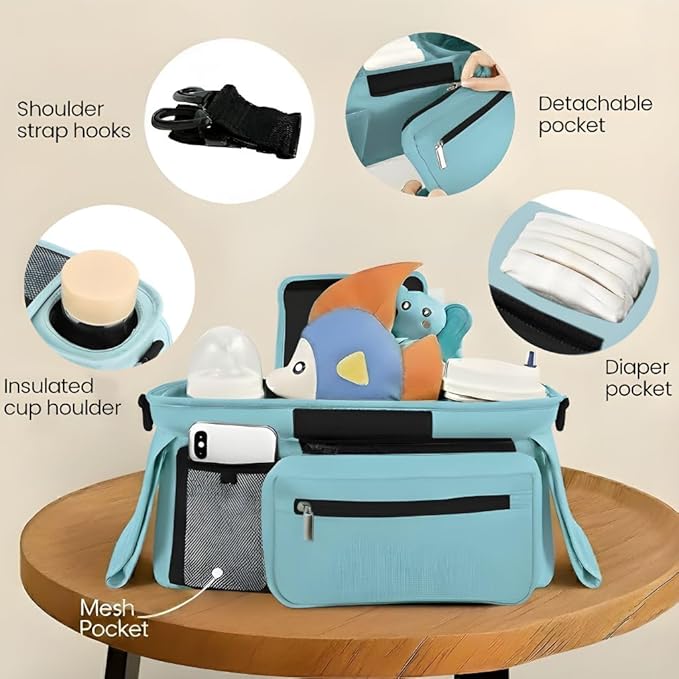 Stroller Organizer with Insulated Cup Holders - Universal Blue Baby Stroller Bag Caddy with Detachable Phone Pocket, Diaper Storage, Adjustable Straps for Uppababy, Doona, Baby Jogger, Britax