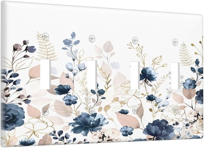 Blue Flora Boho Vintage Flower Golden Leaves Light Switch Covers Quad Toggle Electrical Faceplate 4 Gang Wall Plate Decorative Switch Plates Cover for Bedroom Living Room Decor