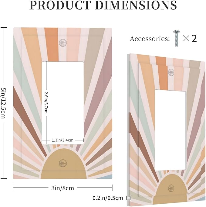 Boho Sun Rainbow Retro Aesthetic Abstract Art Sunrise Sunset Decorative Outlet Covers 1 Gang Single Rocker Light Switch Cover Plate Wall Plates GFCI Faceplate for Kids Room Bedroom Decor