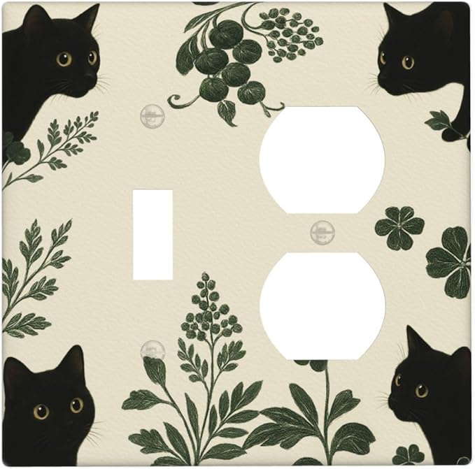 Decorative Outlet Covers Funny Black Cat Green Leaf 2 Gang Light Switch Cover Plate Single Toggle Duplex Wall Plates for Electrical Outlets Switch Plate Covers for Bedroom Home Decor