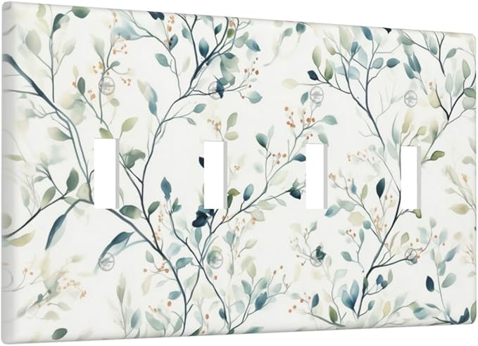 Watercolor Floral Green Leaves Quad Toggle Light Switch Cover Green Botanical Flowers 4 Gang Wall Plate Decorative Electrical Switchplates Covers for Bedroom Kitchen Living Room Decor